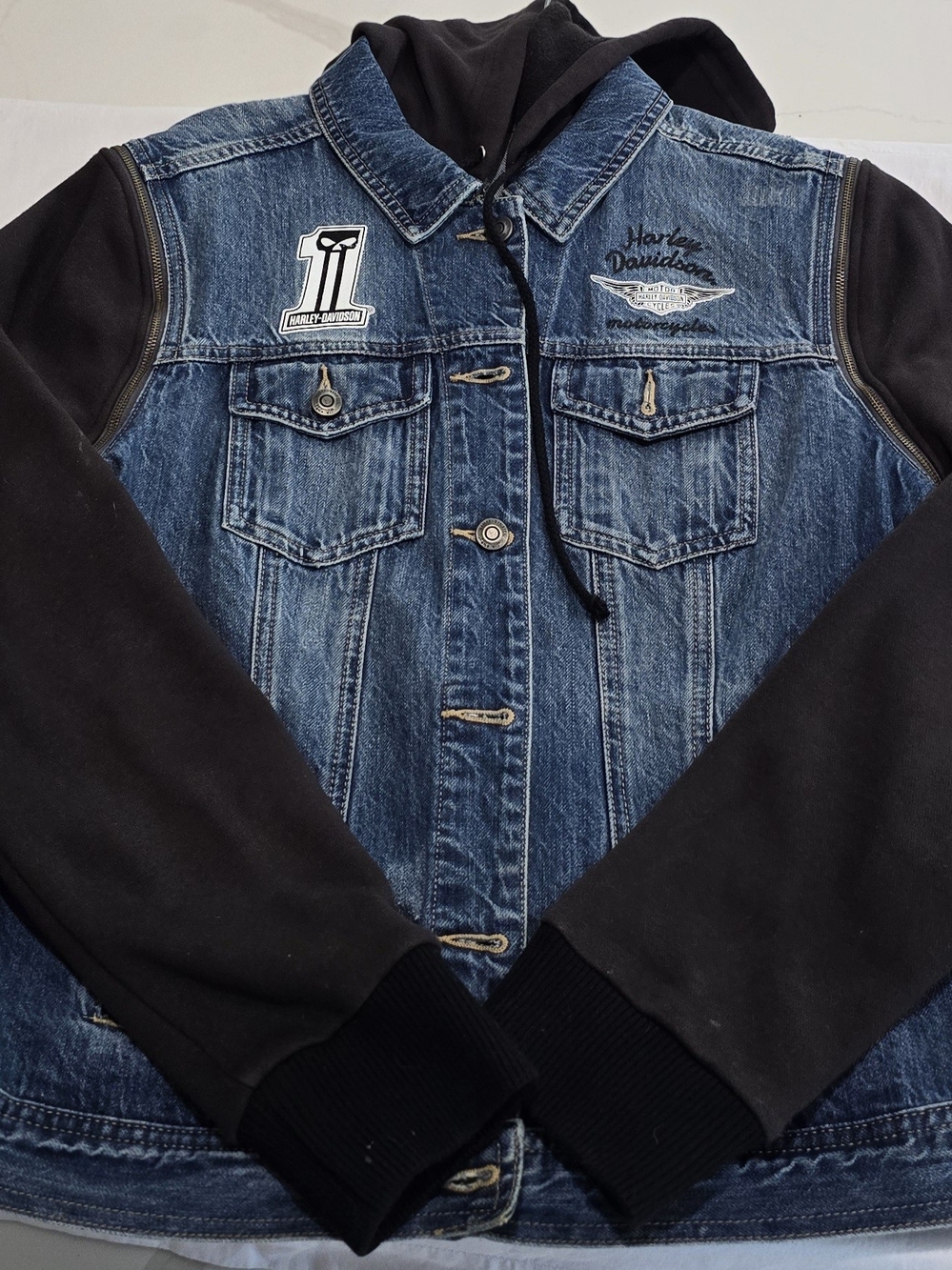Harley-Davidson Blue Denim Jacket with Black Hoodie Sleeves
